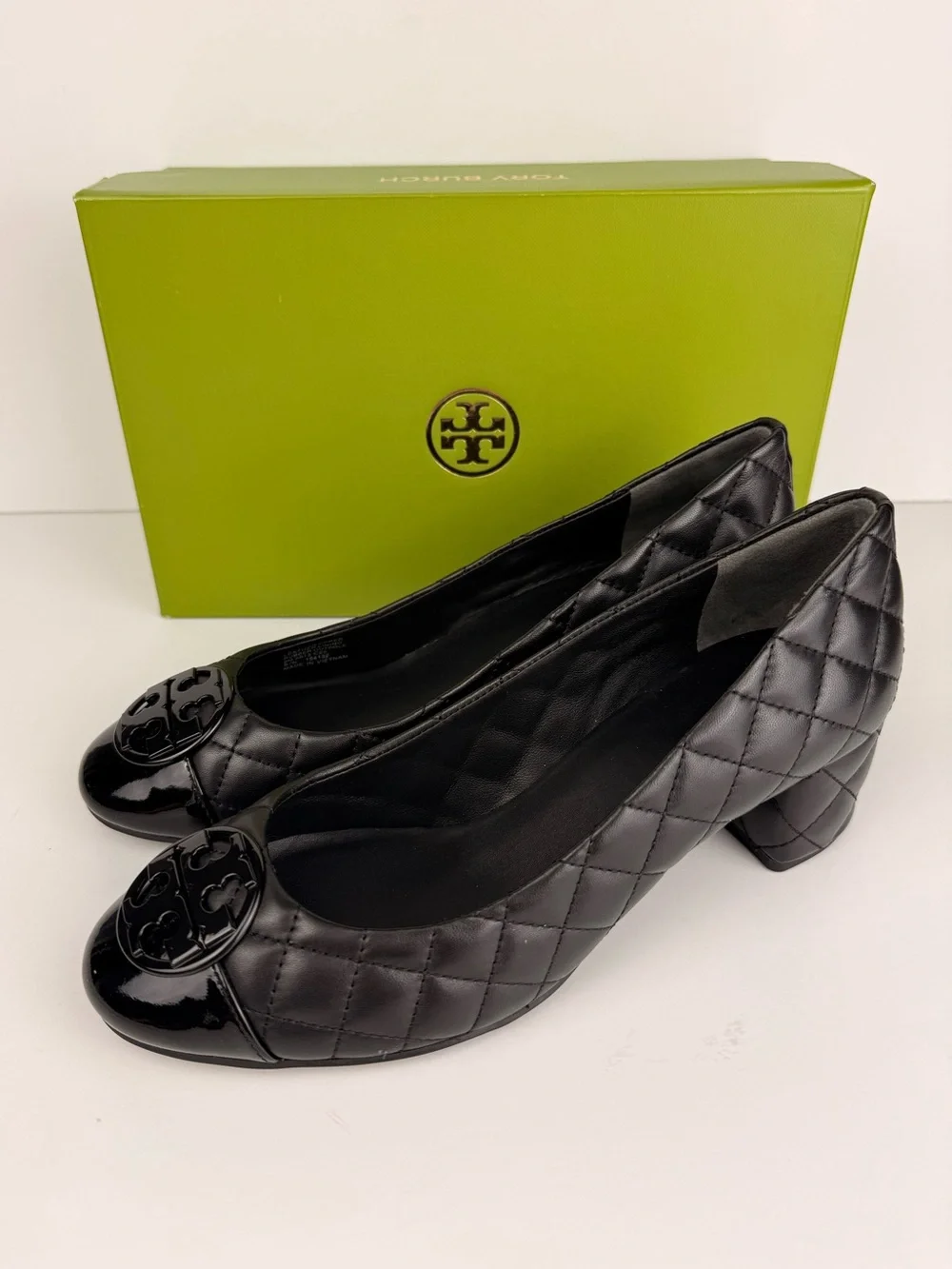 Tory Burch Chelsea 50mm Quilted Pumps Black Leather Patent Cap Toe Block Heels